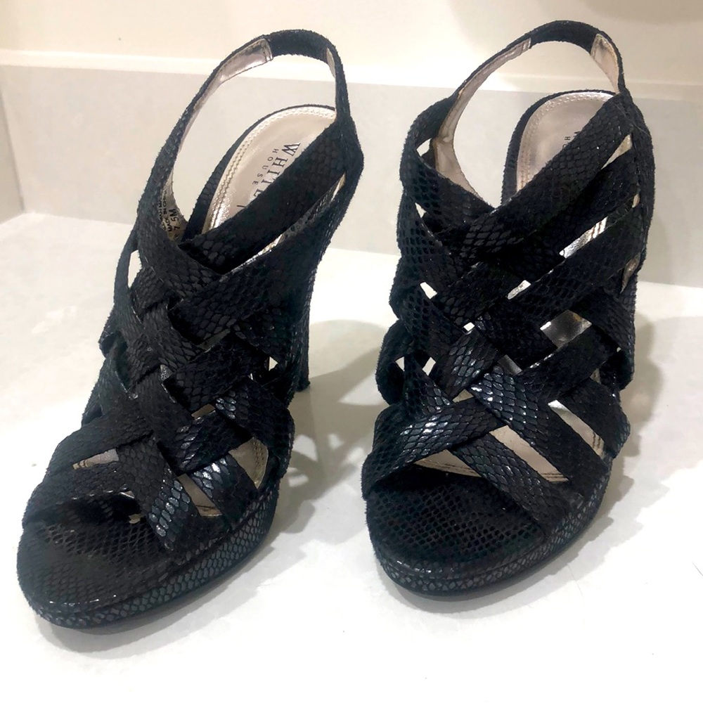 White House/Black Market faux black snakeskin sandal.